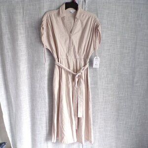 Time and Tru Women's Beige Sleeveless Cotton Belted Midi Shirtdress With Pockets